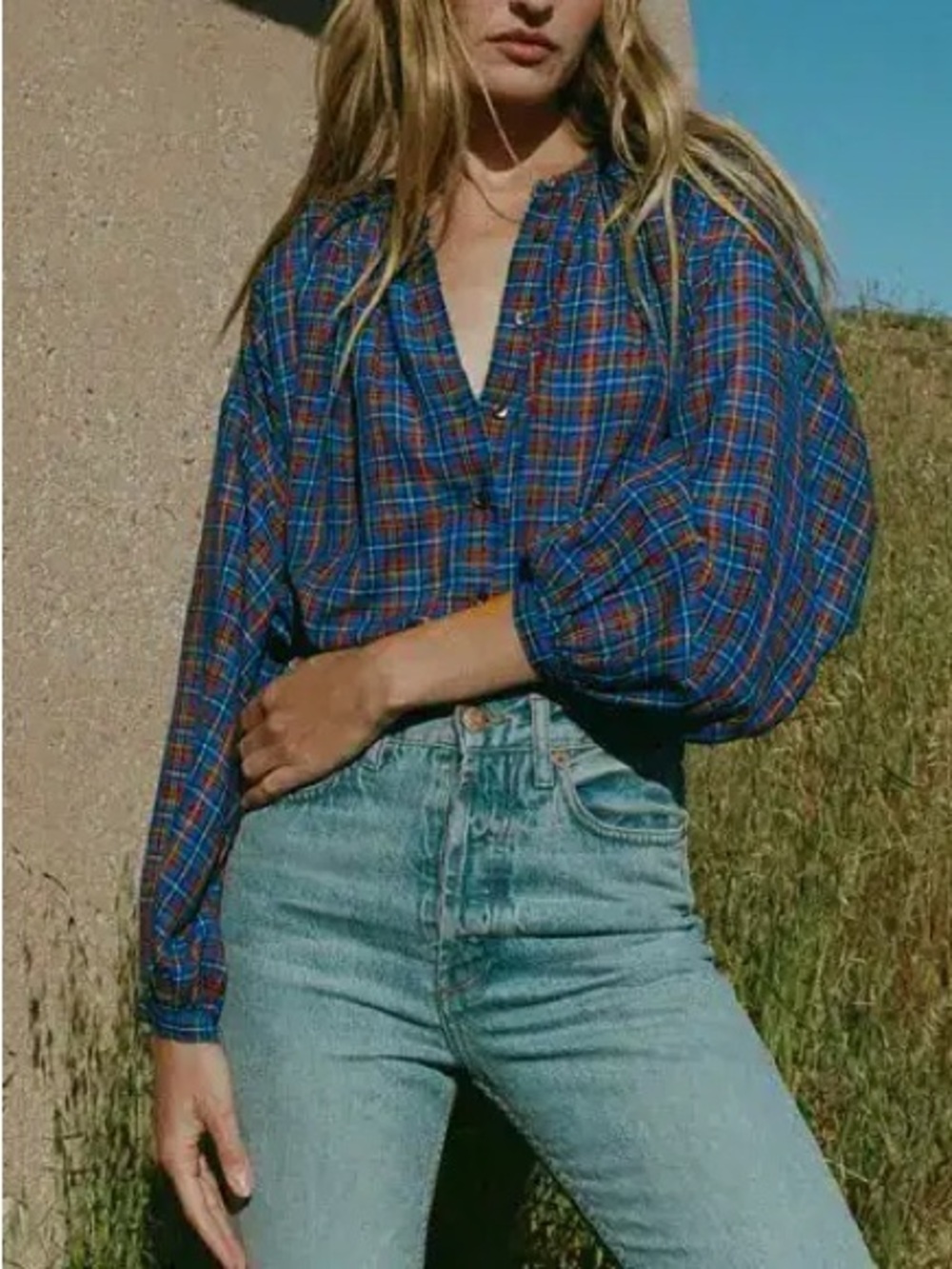 Dôen Jane Blouse in Azure French Plaid - Picture 1 of 6